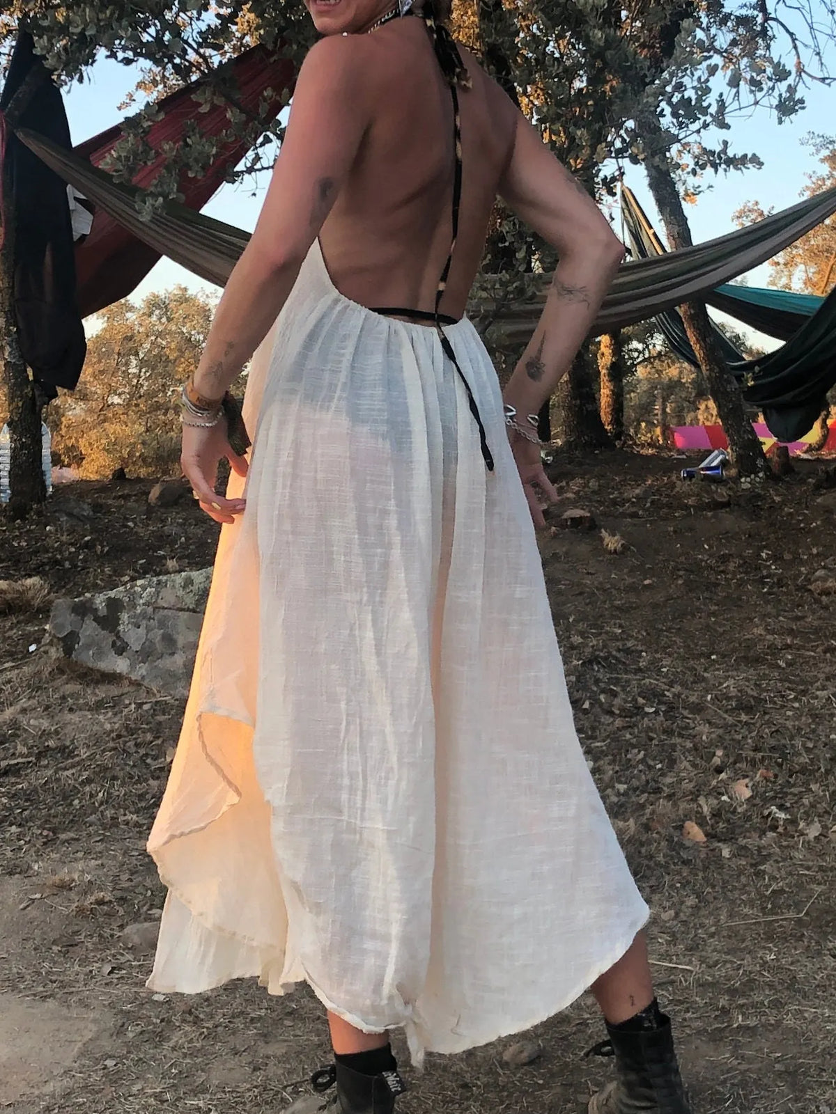 Natural cotton backless dress Gypsy dress Leopard trim halterneck dress