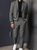 Casual Contrast Stripe Cropped Blazer Suit Set