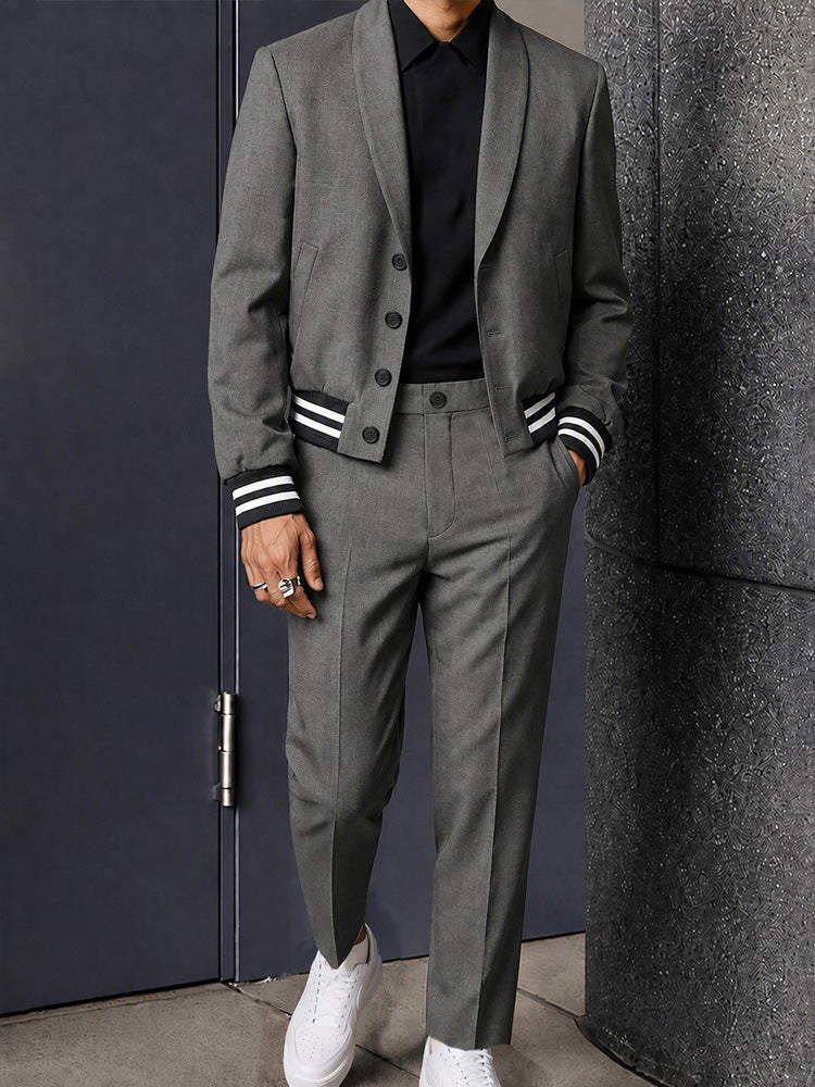 Casual Contrast Stripe Cropped Blazer Suit Set