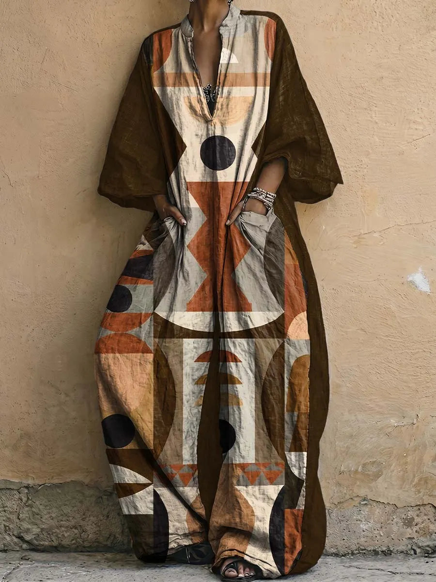 Exotic, Colorful Geometric Totem Decorative Pattern Women's Long Sleeve V Collar Cotton Linen Jumpsuit