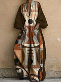 Exotic, Colorful Geometric Totem Decorative Pattern Women's Long Sleeve V Collar Cotton Linen Jumpsuit