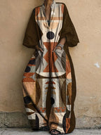 Exotic, Colorful Geometric Totem Decorative Pattern Women's Long Sleeve V Collar Cotton Linen Jumpsuit