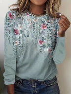 Floral Print Crew Neck T-Shirt, Casual Long Sleeve T-Shirt For Spring & Fall, Women's Clothing