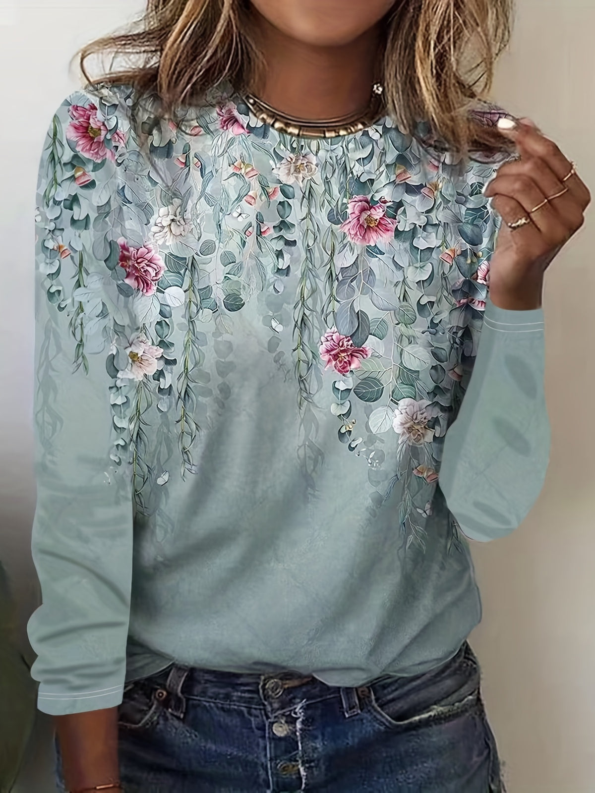 Floral Print Crew Neck T-Shirt, Casual Long Sleeve T-Shirt For Spring & Fall, Women's Clothing