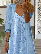 Women's Long Sleeve V-neck Graphic Printed Two Pieces Maxi Dress