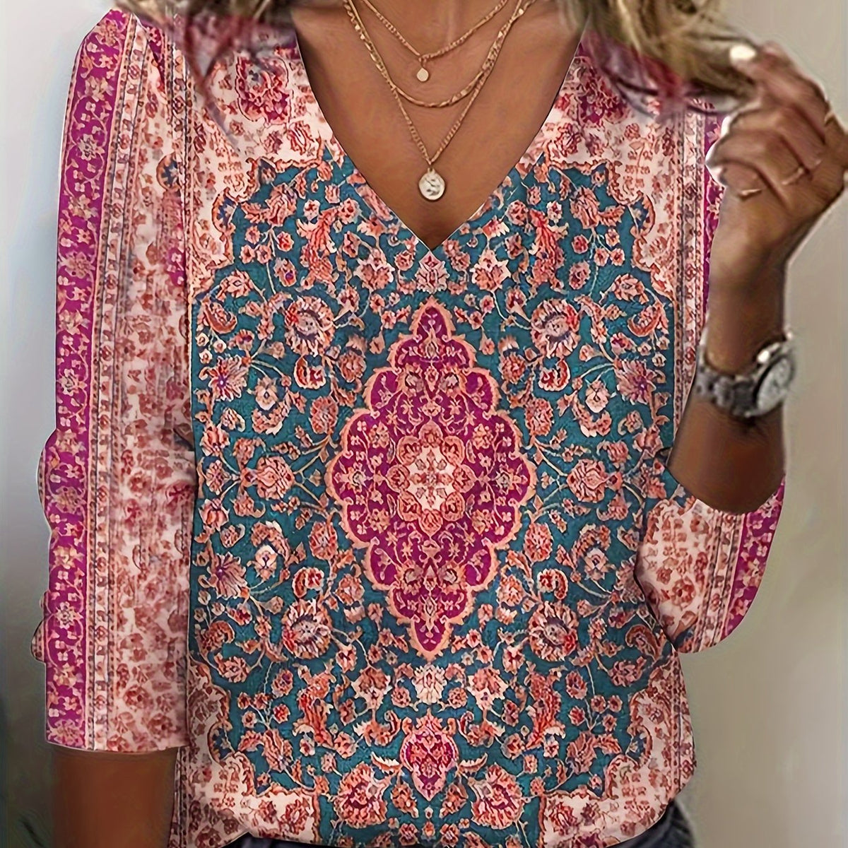 Women's Floral Print V Neck Long Sleeve T-Shirt - Casual Spring and Fall Top