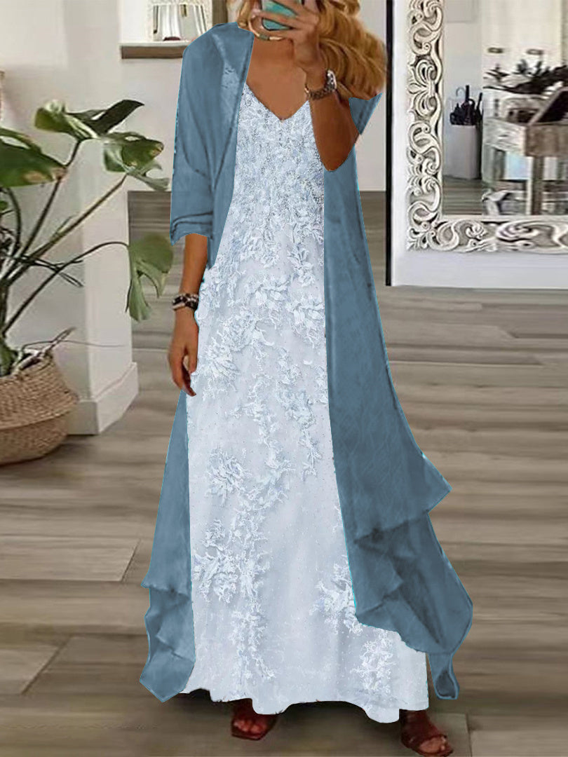 Women's Long Sleeve V-neck Floral Printed Two Pieces Maxi Dress