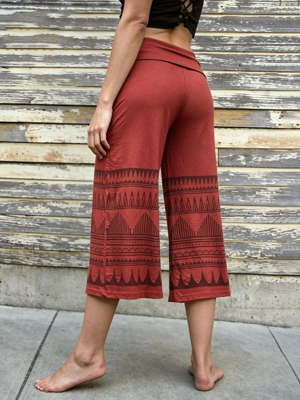 Ethnic Print Fold-Over Waist Cropped Wide Leg Pants