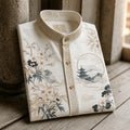 Men's Retro Sakura Mountain Landscape Oriental Style Print Casual Shirt