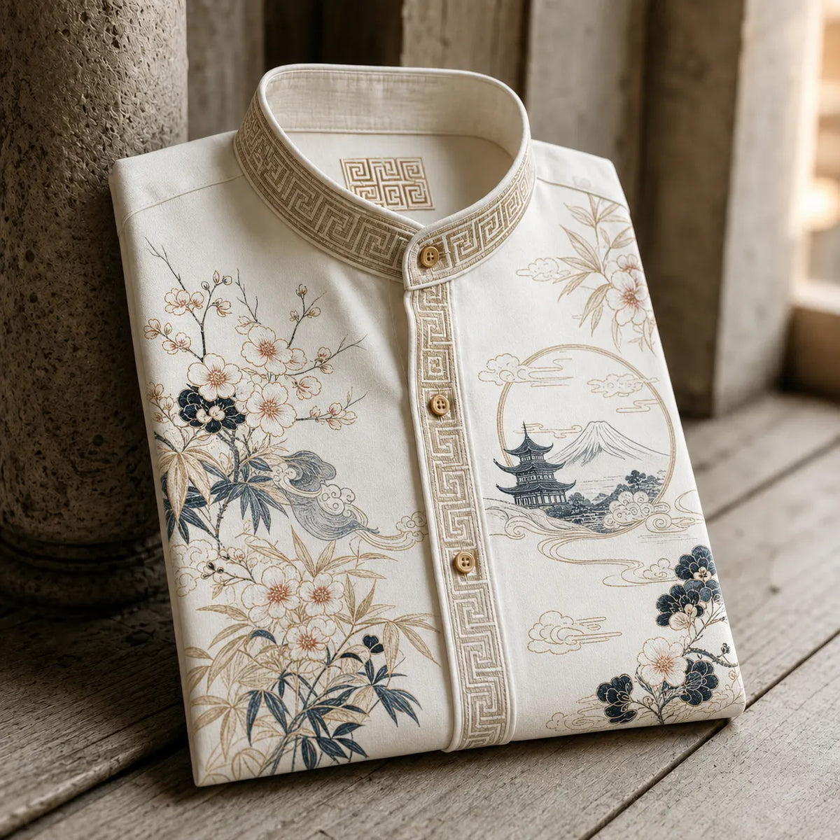 Men's Retro Sakura Mountain Landscape Oriental Style Print Casual Shirt