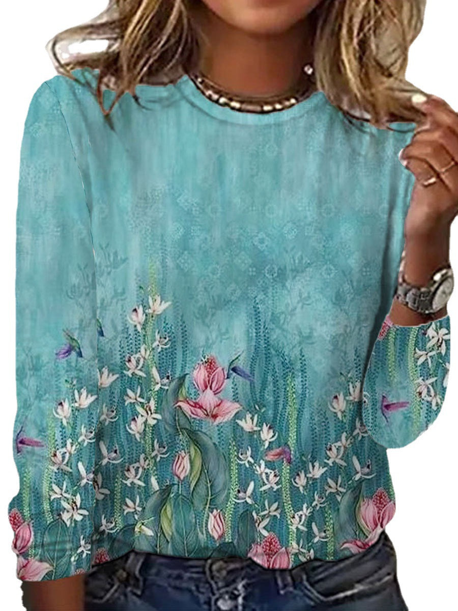 Women's Long Sleeve Fashion Printed Round Neck Casual T-Shirt