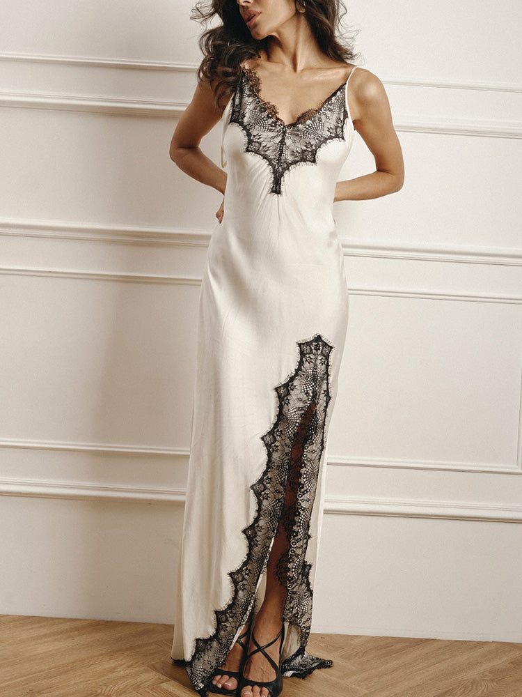 Women's Casual Silk Lace Trim Spaghetti Strap Long Dress