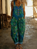 Peacock Art Print Denim Patchwork Jumpsuit