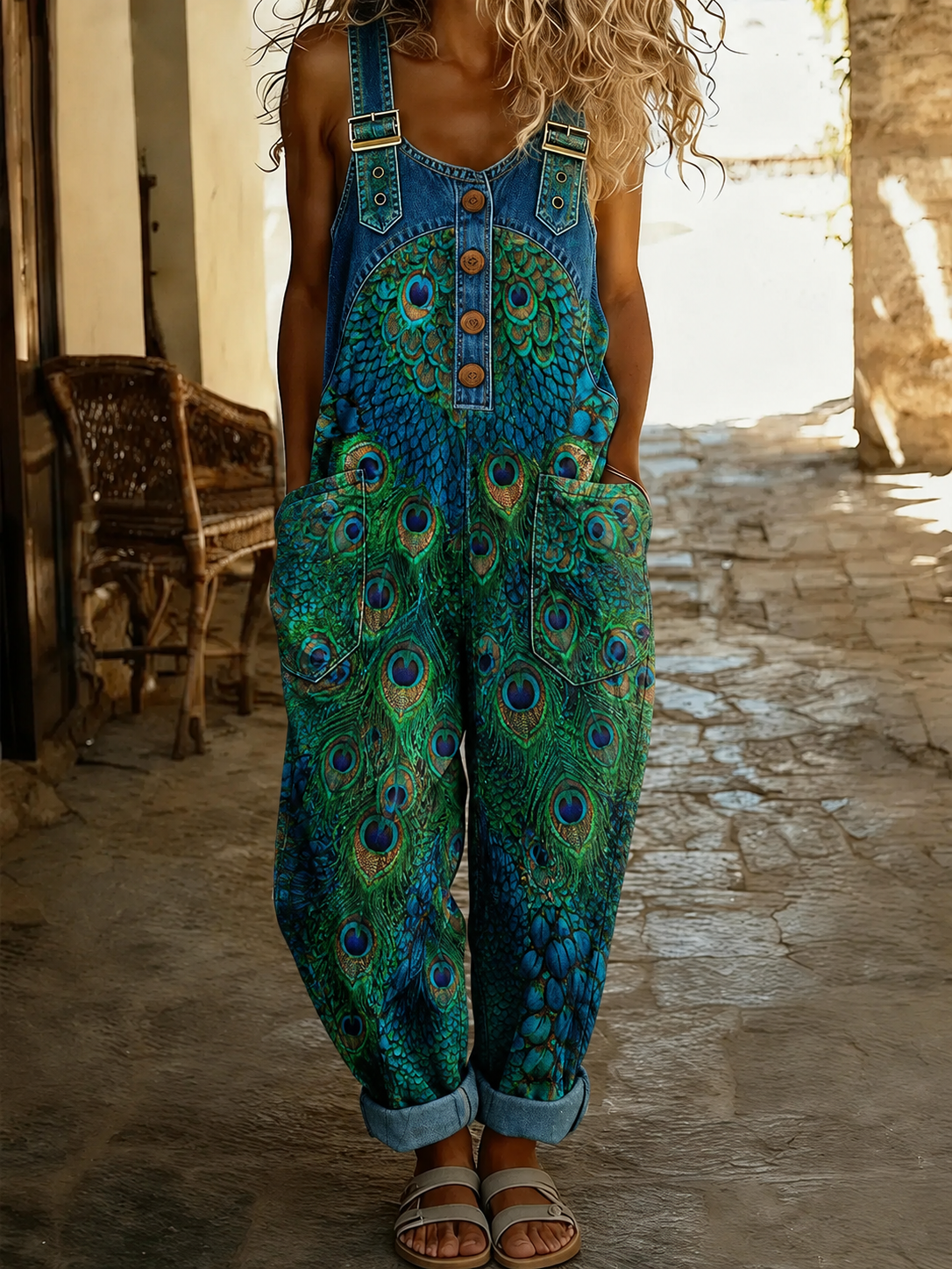 Peacock Art Print Denim Patchwork Jumpsuit