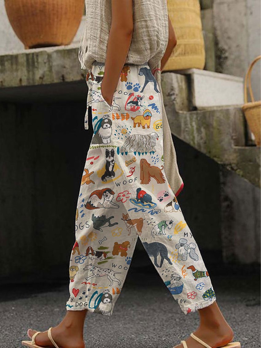 Women's Cute Dog Printed Cotton Casual Pants