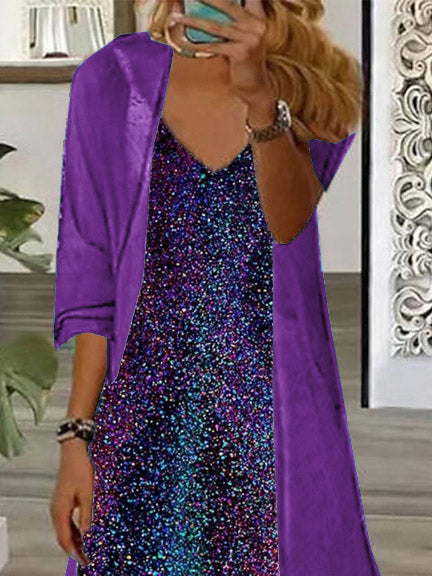 Women's Long Sleeve V-neck Graphic Printed Two Pieces Maxi Dress