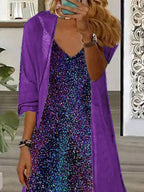 Women's Long Sleeve V-neck Graphic Printed Two Pieces Maxi Dress
