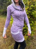 Fitted Sacred Geometry Cowl Hood Long Sleeve Mini Dress with Pockets and Thumbhole Cuffs