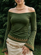 Vintage Print Off-Shoulder Flared Long Sleeve Top
