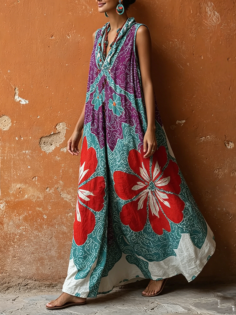 Retro Bohemian Floral Print Cotton-linen Dress