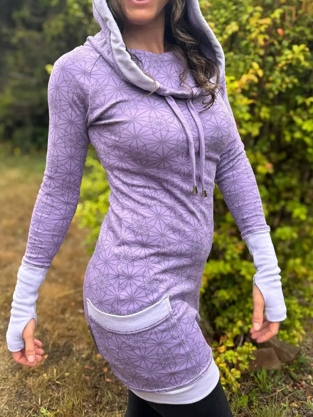 Fitted Sacred Geometry Cowl Hood Long Sleeve Mini Dress with Pockets and Thumbhole Cuffs