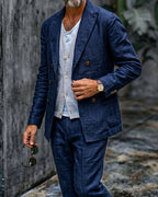 Retro Navy Blue Linen Double-breasted Blazer