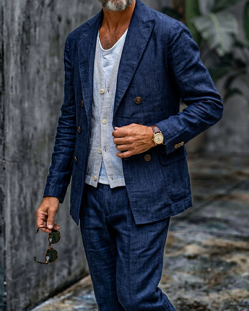 Retro Navy Blue Linen Double-breasted Blazer