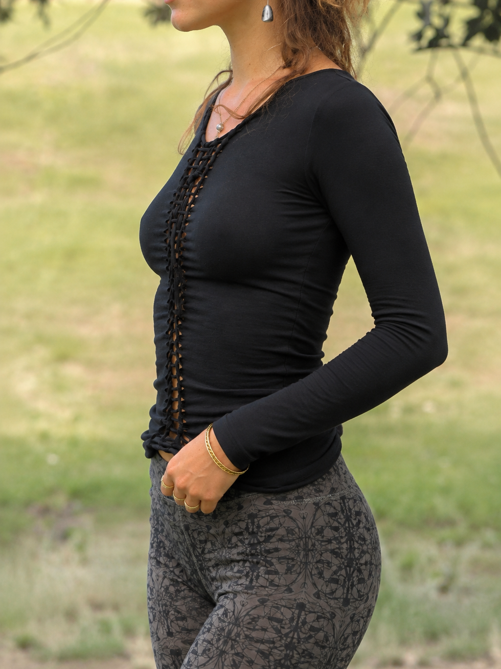Hand Braided Lace©\up Cutout Long Sleeve Fitted Top, Boho Hippie Stretch Knit Blouse