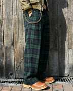 Vintage Blue-green Plaid Straight-leg Pants