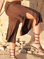 Color-Block Patchwork Slit Raw Hem Cropped Wide Leg Pants