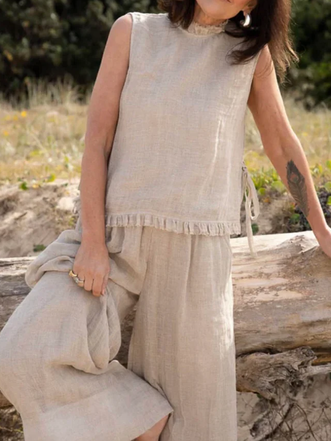 Natural Linen Raw Hem Tie Sleeveless Tank Top