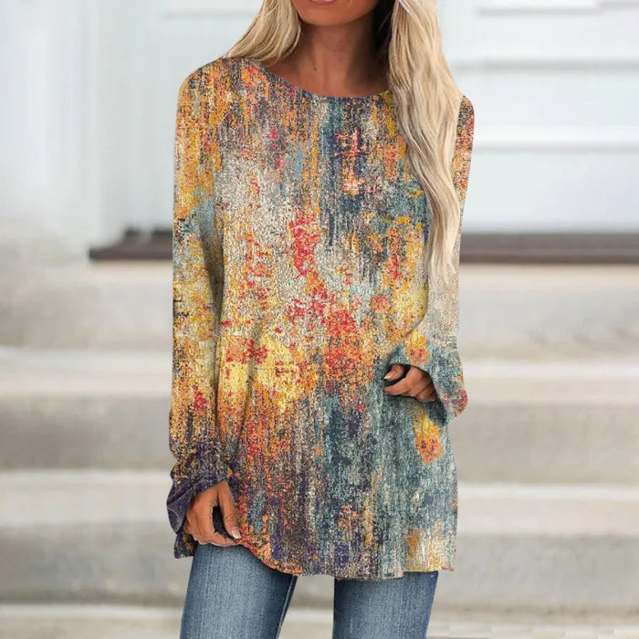 Fashion Ladies Long Sleeve Printed Round Neck Top T-Shirts