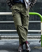Vintage Olive Green Pleated High©\Rise Tapered Military Cargo Trousers