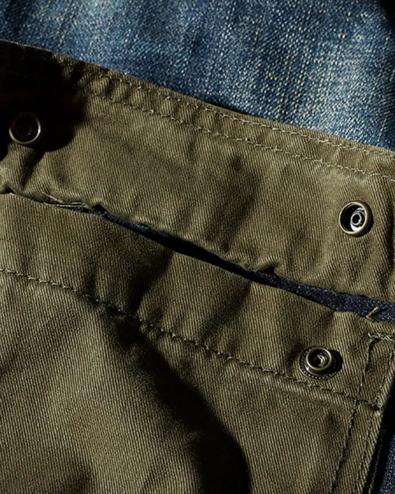 Vintage Asymmetric Canvas Patch Pocket Utilitarian Denim Jacket