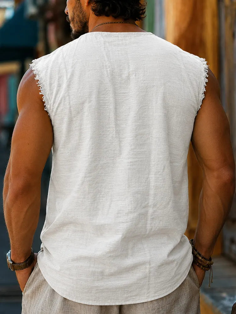 Men's Frayed Edge Henley Sleeveless Tank Top