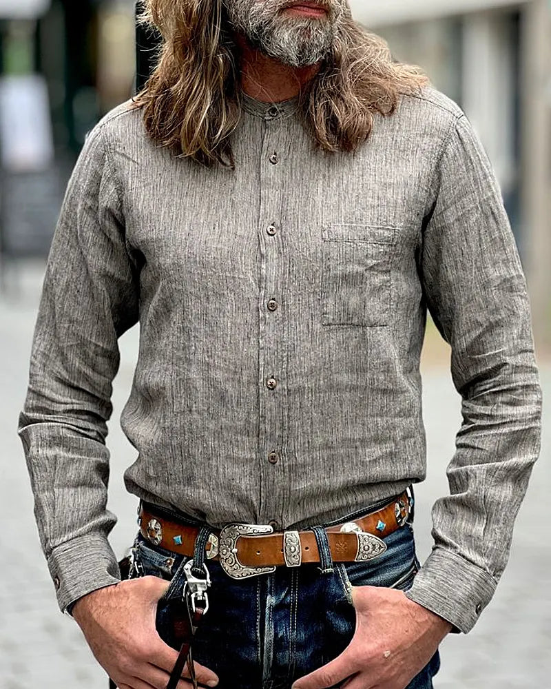 Vintage Slub Linen Blend Mandarin Collar Long Sleeve Shirt