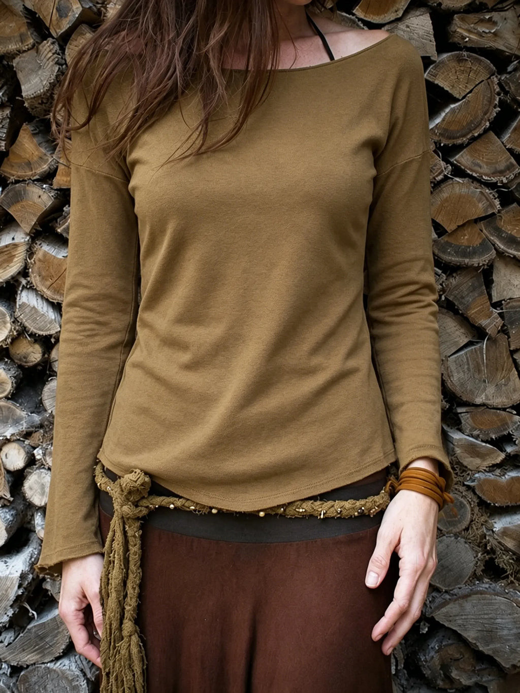 Off-Shoulder Drop-Shoulder Long Sleeve Top with Slight Flare