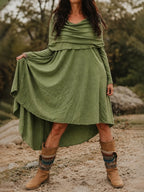 Double-Layer Cowl Neck Asymmetric High-Low Hem Long Sleeve Dress