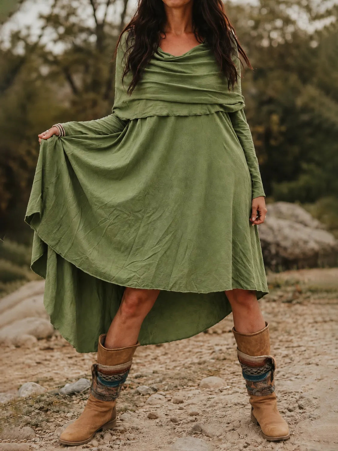 Double-Layer Cowl Neck Asymmetric High-Low Hem Long Sleeve Dress
