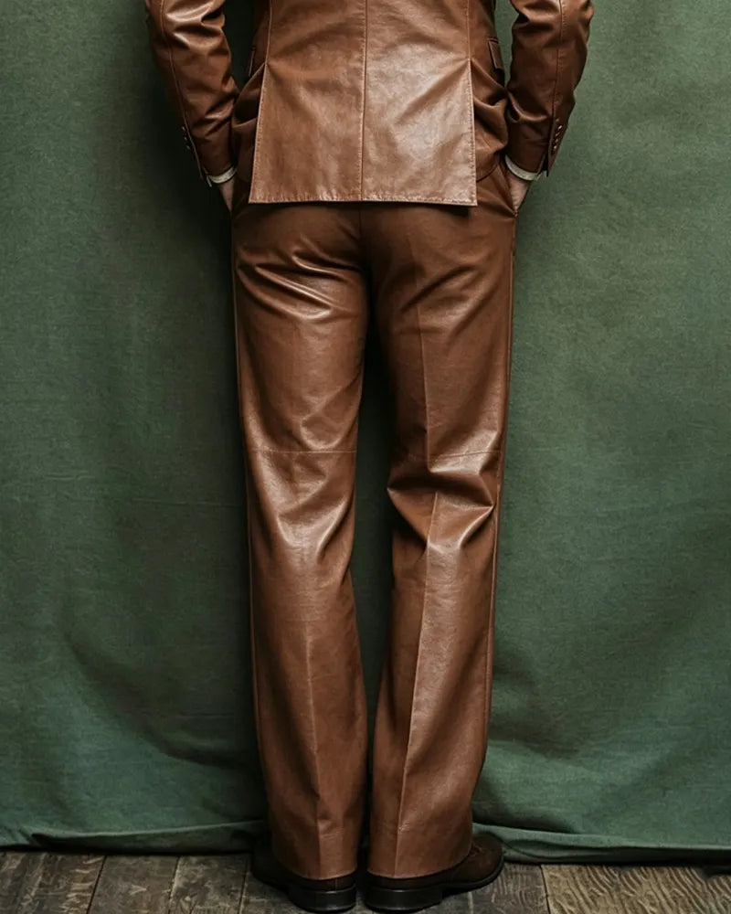 Vintage 70s Cognac Brown Tailored Flare©\Leg Leather Suit Trousers