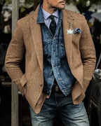 Retro Brown Herringbone Single-breasted Casual Blazer