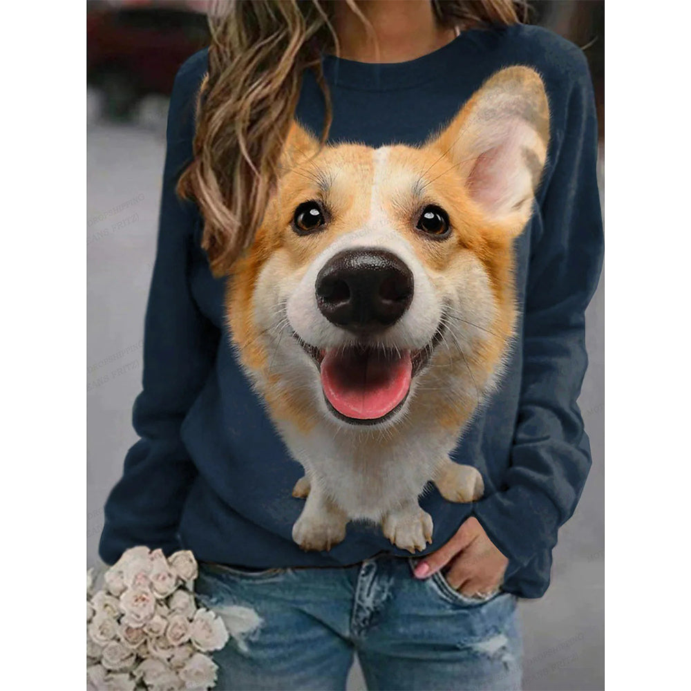 Puppy Print Women's Long Sleeve T-shirt Casual Cotton Street Clothing