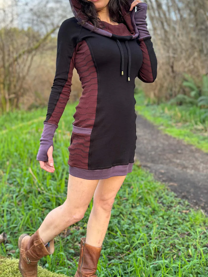 Side Panel Portal Dress - Cotton Long Sleeve Cowl Hood Fitted Mini Dress