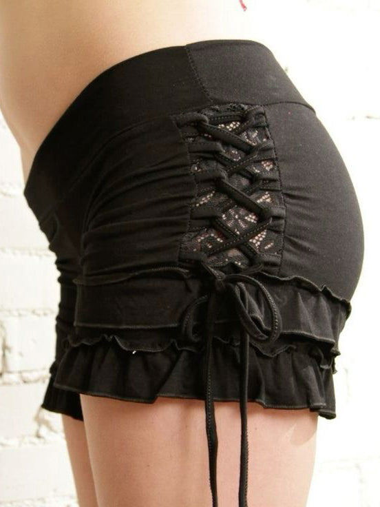 Low-Rise Shorts with Lace Ties and Ruffle Hem Detail