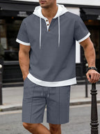 Waffle Knit Hoodie 2-Piece Short Sleeve Set with Shorts