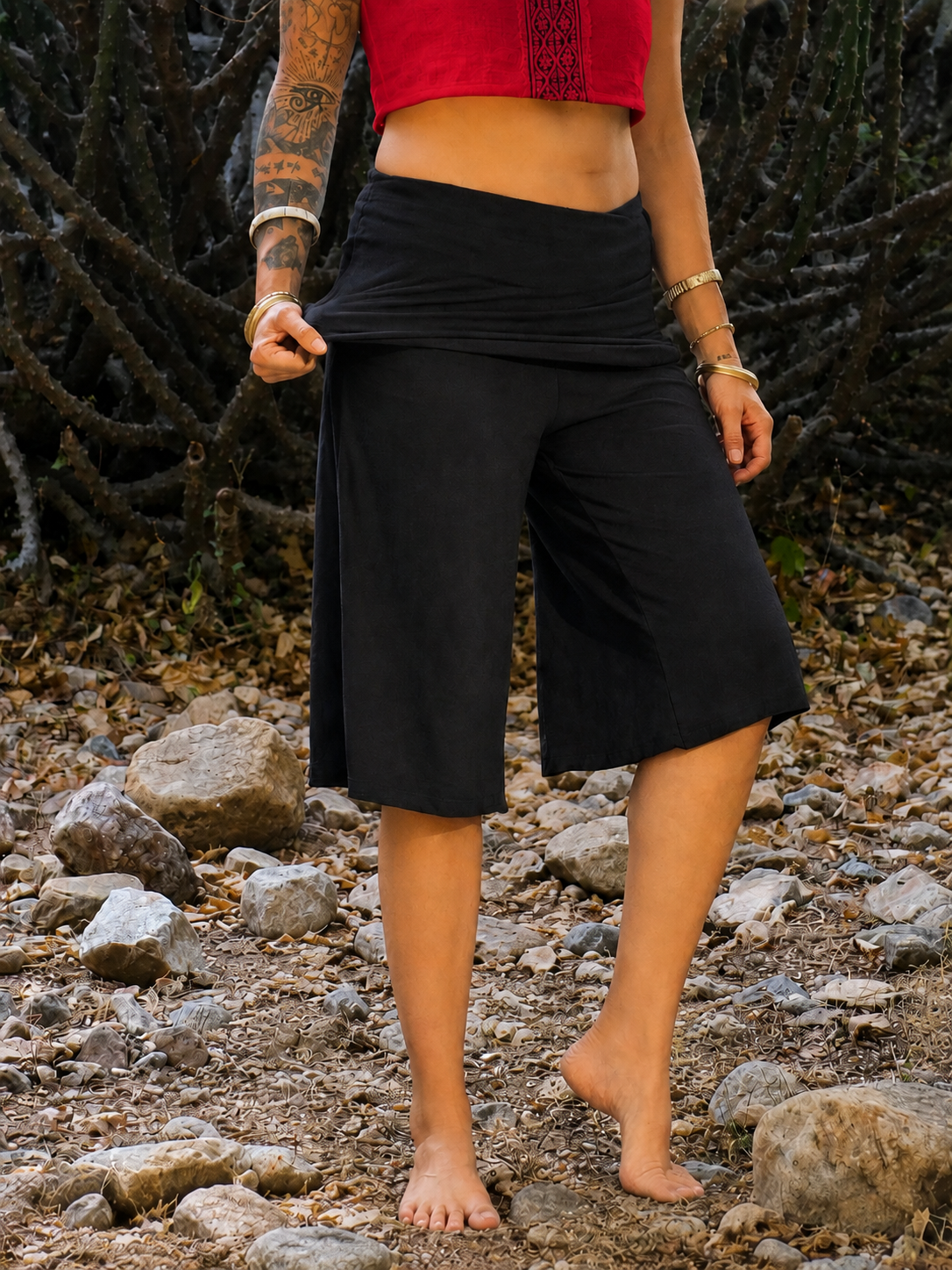 2-in-1 Wide-Leg Cropped Pants with Fold-Over Waist (Convertible to Tube-Top Jumpsuit)