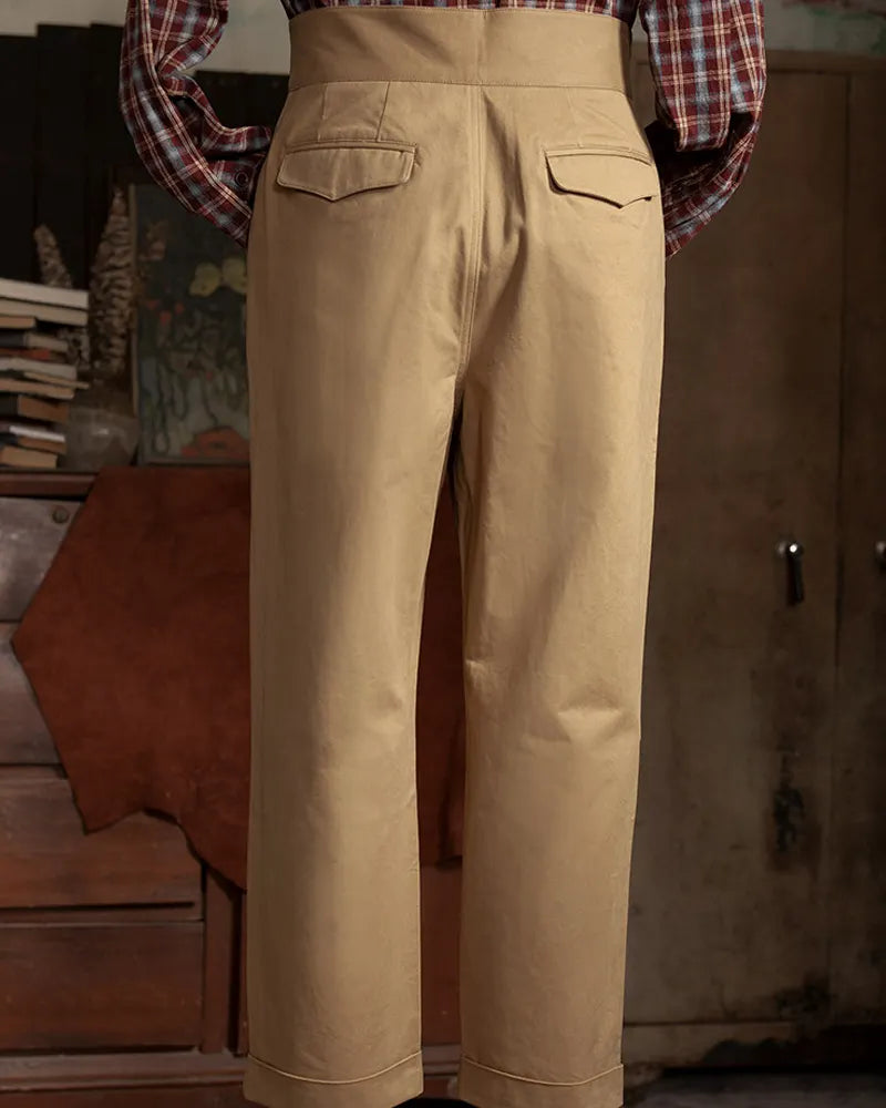 Vintage Khaki Cotton Twill High©\Waist Trousers