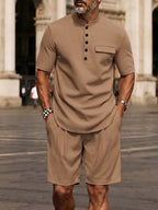 Urban Casual Button Up T-Shirt Shorts Set