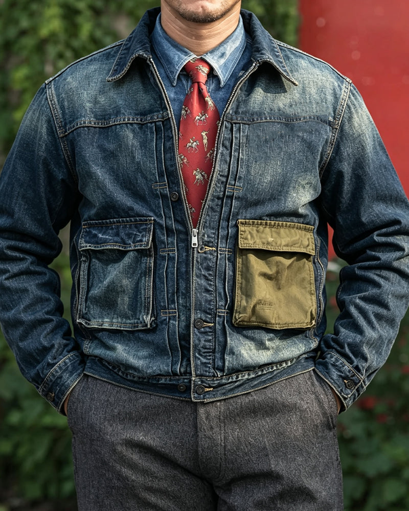 Vintage Asymmetric Canvas Patch Pocket Utilitarian Denim Jacket