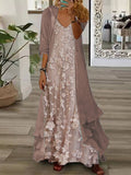 Nextmacys-Women's Long Sleeve V-neck Floral Printed Two Pieces Maxi Dress